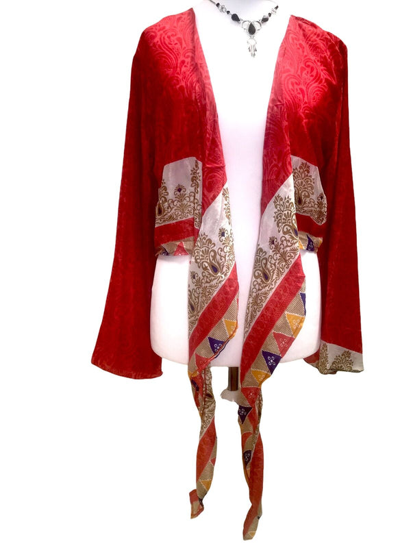 Boho hippy festival style, RED, retro sSari Silk,  bell sleeve wrap kimono