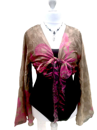 Blouse Top Kaftan Kimono Wrap Boho hippy festival retro SARI SILK vintage 8-14