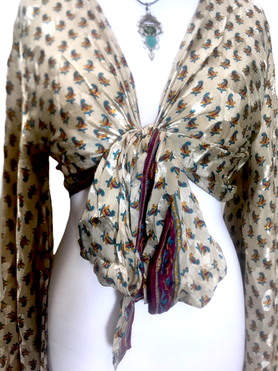 Blouse Top Kaftan Kimono Wrap Boho hippy festival retro SILK vintage 8 10 12 14