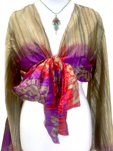 Blouse Top Kaftan Kimono Wrap Boho hippy festival retro SILK vintage 8 10 12 14