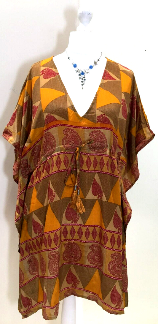 Tunic, Kaftan Top Cover up dress Boho hippy, festival, long, Sari Silk UK 8 - 18