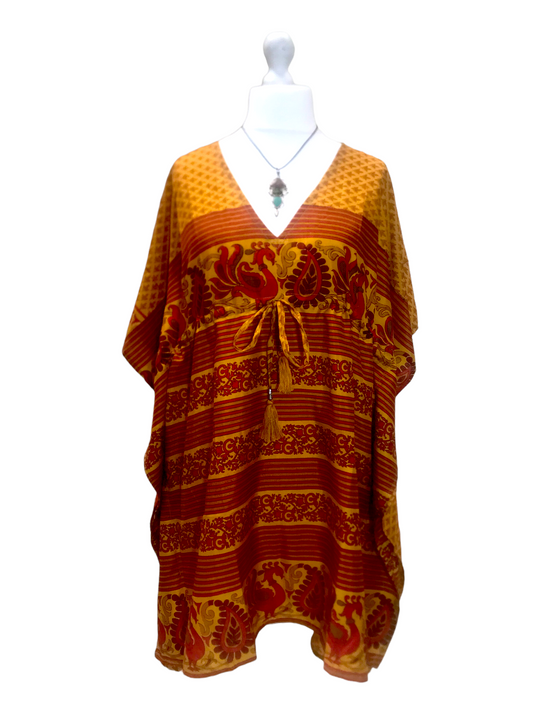 Tunic dress Kaftan Top Cover up Boho hippy festival Vintage Sari Silk retro 8-18