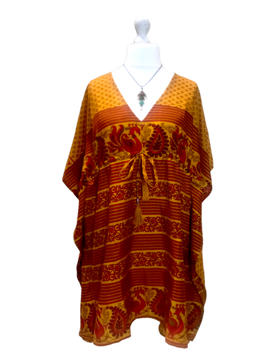 Tunic dress Kaftan Top Cover up Boho hippy festival Vintage Sari Silk retro 8-18