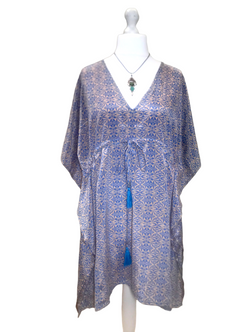 Tunic dress Kaftan Top Cover up Boho hippy festival Vintage Sari Silk retro 8-18