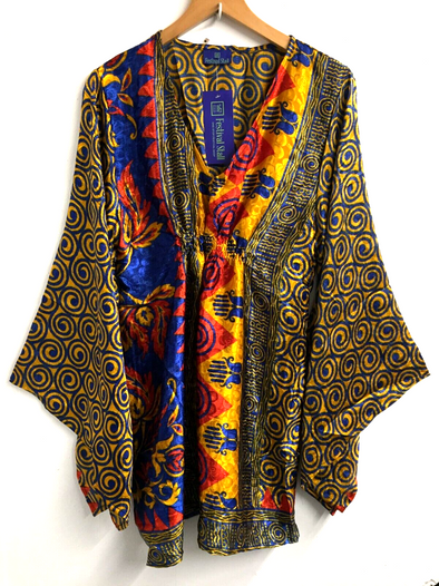 KAFTAN tunic top blouse cover up Boho hippy festival sari silk retro UK 10-18