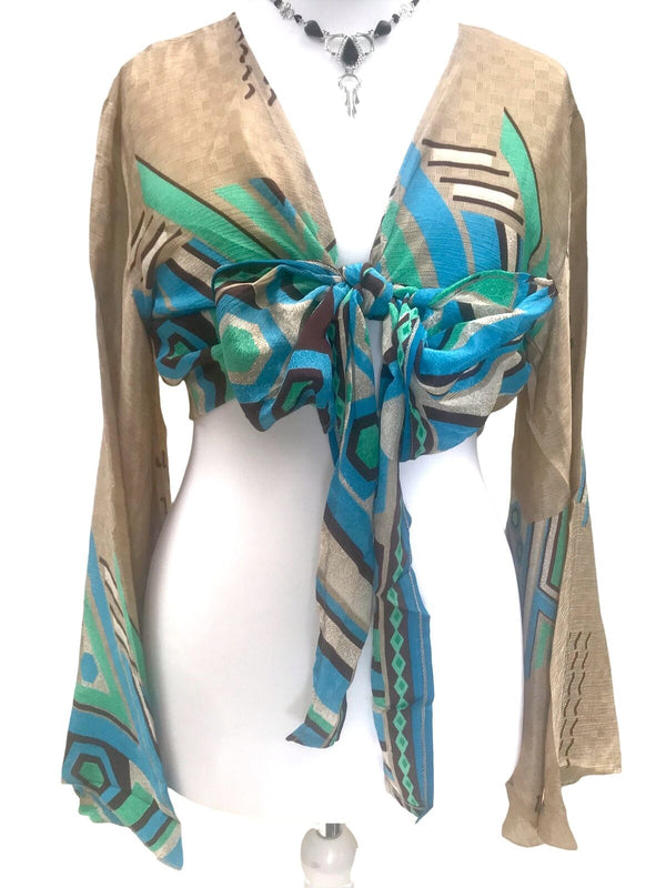 Wrap top blouse Boho hippy festival BLUE 70s retro Sari Silk bell sleeve UK 8-14