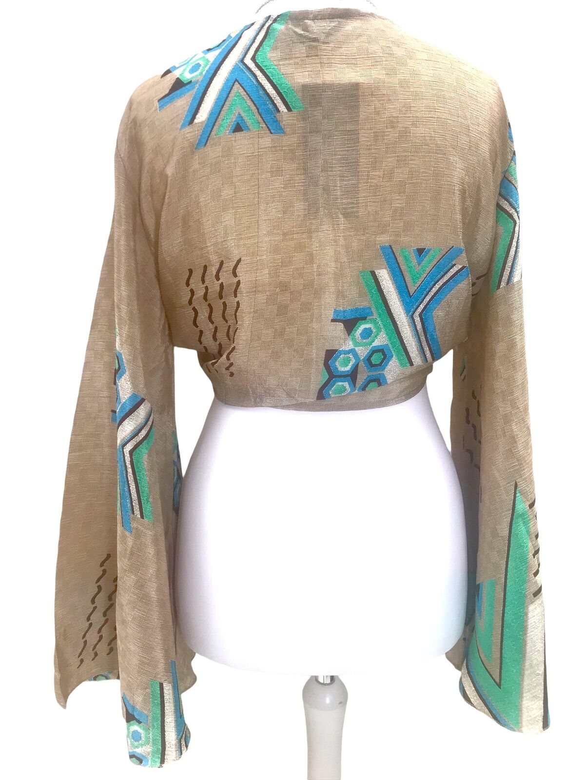 Wrap top blouse Boho hippy festival BLUE 70s retro Sari Silk bell sleeve UK 8-14