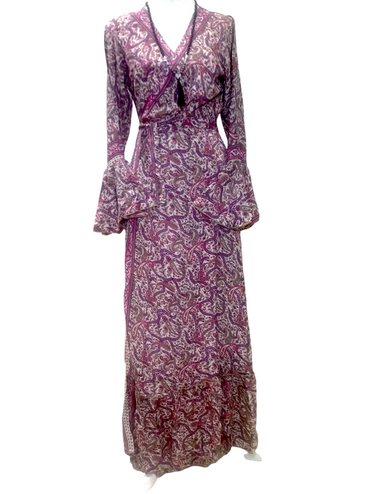 Long SILK wrap dress PINK Boho hippy maxi summer beach festival party UK 8 -14