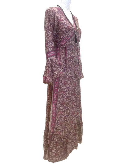 Long SILK wrap dress PINK Boho hippy maxi summer beach festival party UK 8 -14