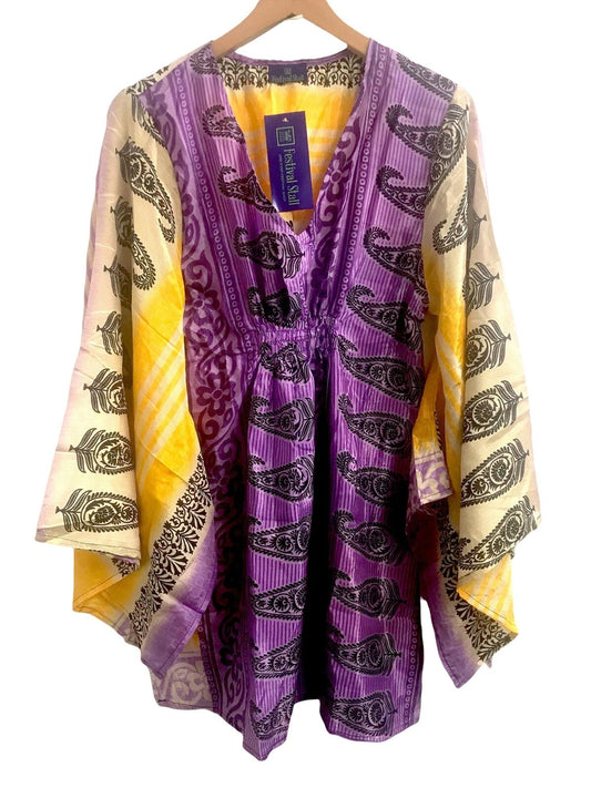 Boho hippy festival style, PURPLE sari silk, Kaftan tunic top, blouse, beach