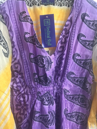 Boho hippy festival style, PURPLE sari silk, Kaftan tunic top, blouse, beach