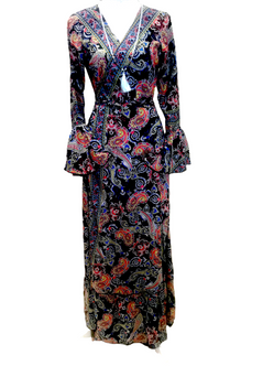 Boho hippy silk long maxi, summer beach festival, party wrap dress uk 8 10 12 14