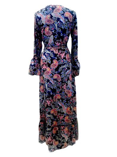 Boho hippy silk long maxi, summer beach festival, party wrap dress uk 8 10 12 14