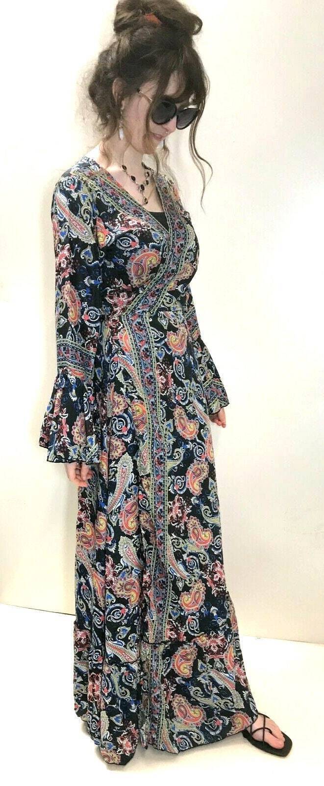 Boho hippy silk long maxi, summer beach festival, party wrap dress uk 8 10 12 14