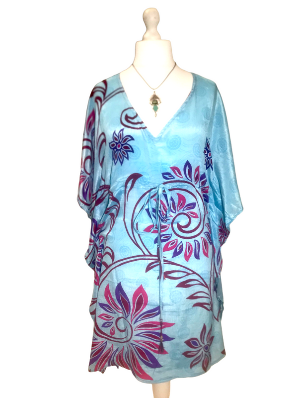 Dress Tunic Kaftan Top Cover up Boho hippy, festival Sari Silk short UK 8- 12