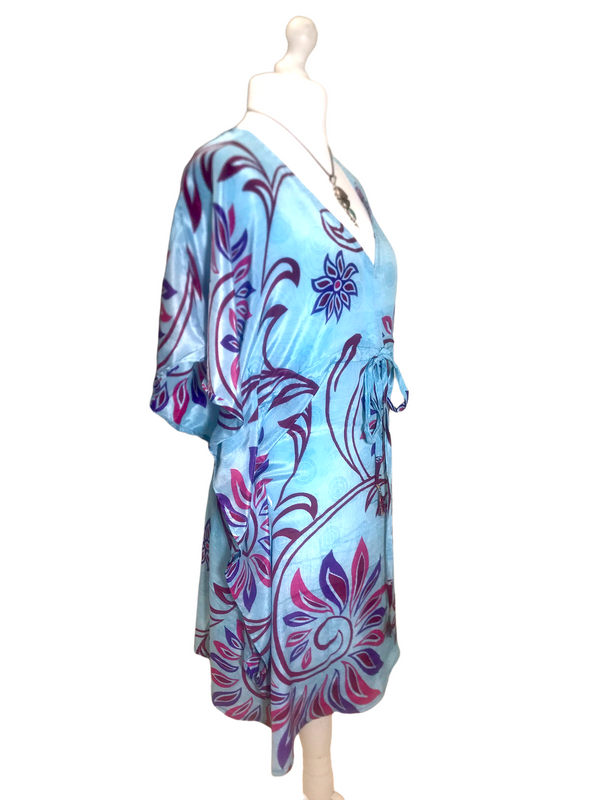 Dress Tunic Kaftan Top Cover up Boho hippy, festival Sari Silk short UK 8- 12