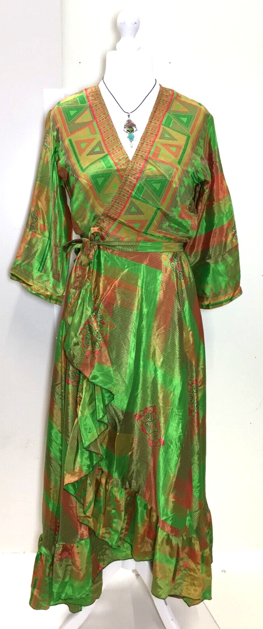 Boho hippy Festival Long maxi Sari-Silk pretty summer Wrap Dress UK 8 10 12 14