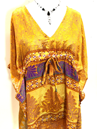 Tunic dress, Kaftan Top Cover up Boho hippy festival Sari Silk One Size 8 - 18