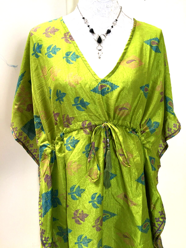 Tunic dress, Kaftan Top Cover up Boho hippy festival Sari Silk One Size 8 - 18