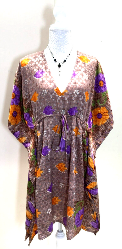 Tunic dress, Kaftan Top Cover up Boho hippy festival Sari Silk One Size 8 - 18