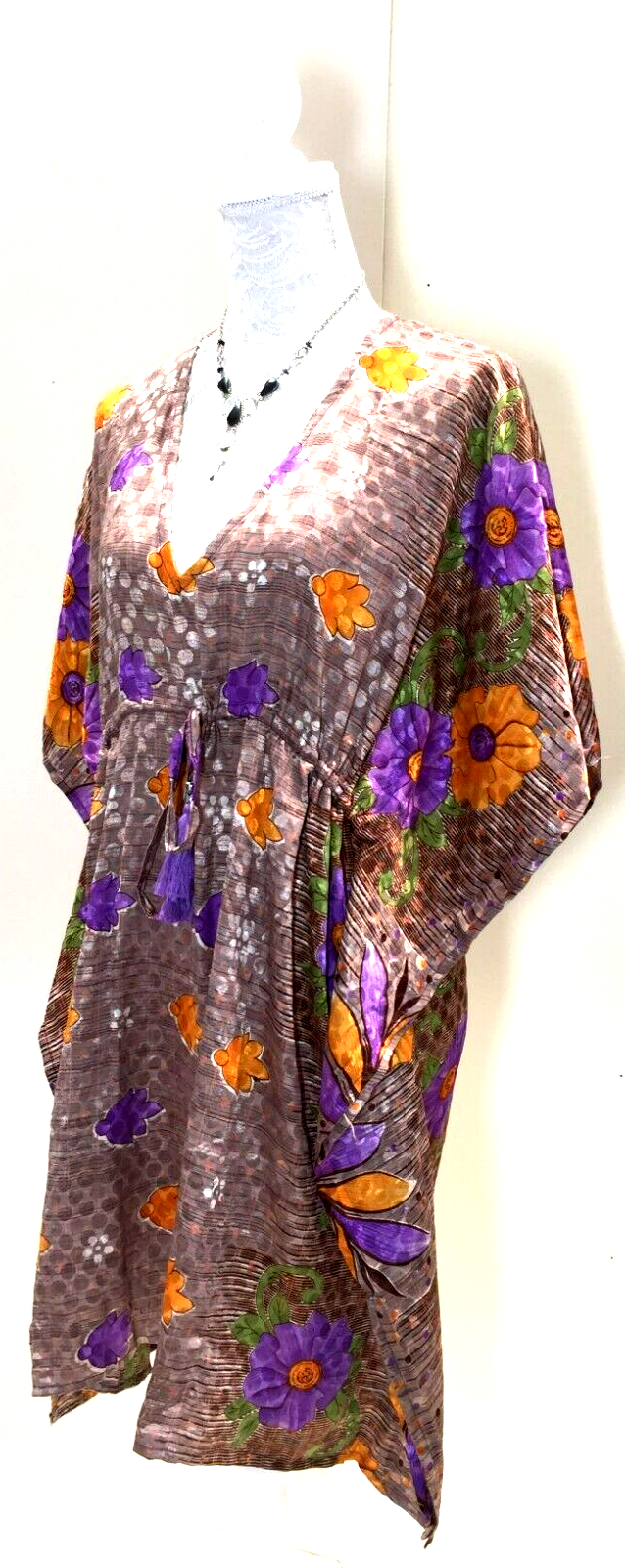 Tunic dress, Kaftan Top Cover up Boho hippy festival Sari Silk One Size 8 - 18