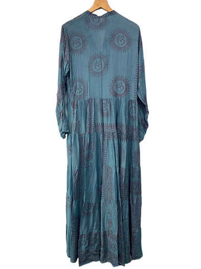 Slate Blue LONG Dress, Boho Hippy Festival style, print, Blue & red maxi UK 8-14 ONE SIZE