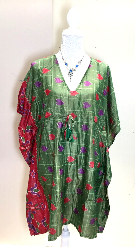 Kaftan Tunic Dress Top blouse Boho hippy festival Sari Silk Cover up UK 8 - 18