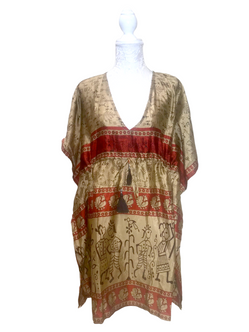 Long Tunic Kaftan Top Cover up dress Boho hippy vintage Sari Silk ONE SIZE 8- 18