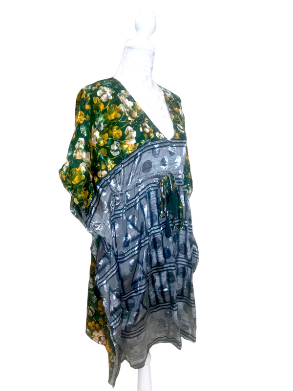 Long Tunic Kaftan Top Cover up dress Boho hippy vintage Sari Silk ONE SIZE 8- 18