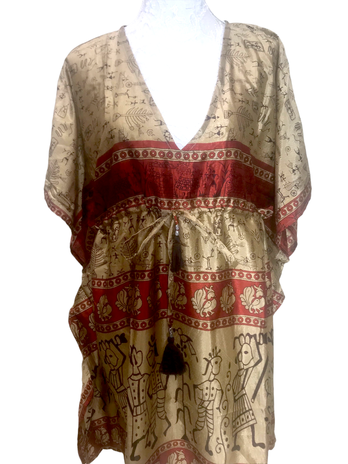 Long Tunic Kaftan Top Cover up dress Boho hippy vintage Sari Silk ONE SIZE 8- 18