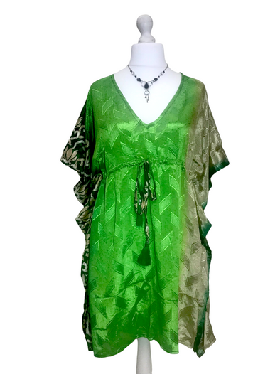 Long Tunic Kaftan Top Cover up dress Boho hippy vintage Sari Silk ONE SIZE 8- 18