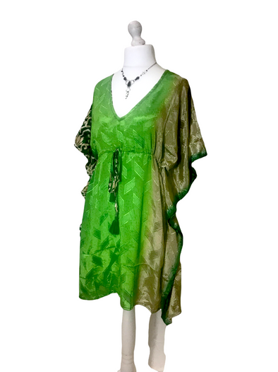 Long Tunic Kaftan Top Cover up dress Boho hippy vintage Sari Silk ONE SIZE 8- 18