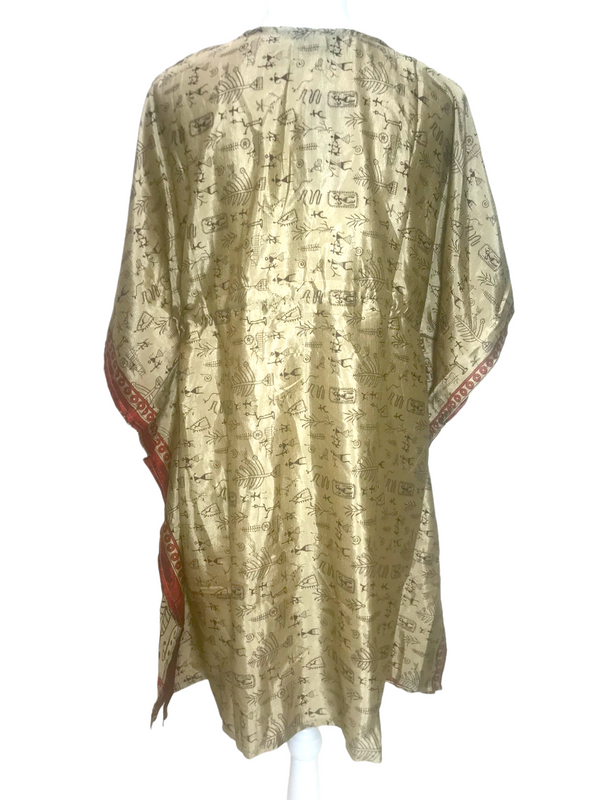 Long Tunic Kaftan Top Cover up dress Boho hippy vintage Sari Silk ONE SIZE 8- 18