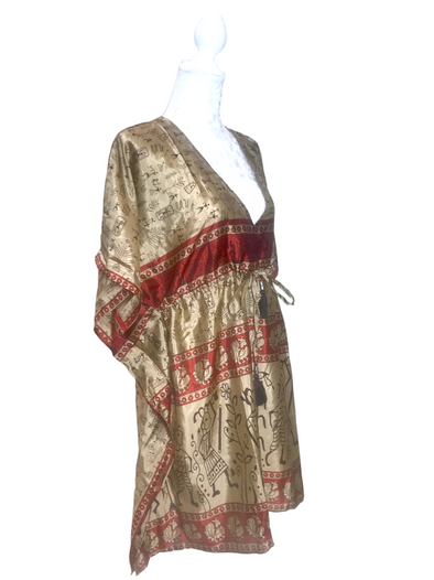 Long Tunic Kaftan Top Cover up dress Boho hippy vintage Sari Silk ONE SIZE 8- 18