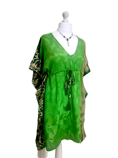 Long Tunic Kaftan Top Cover up dress Boho hippy vintage Sari Silk ONE SIZE 8- 18