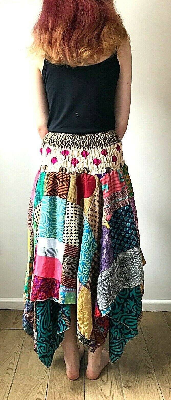 Patchwork skirt dress Festival boho hippie pixie gypsy  long summer sun one size