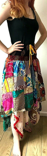 Patchwork Skirt Dress Boho Hippie Festival pixie gypsy long Stretch sun ONE SIZE