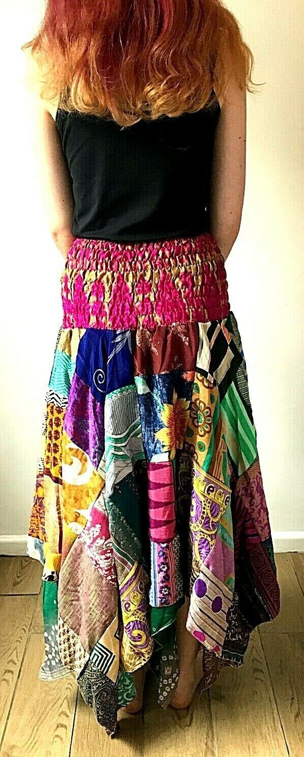 Patchwork Skirt Dress Boho Hippie Festival pixie gypsy long Stretch sun ONE SIZE