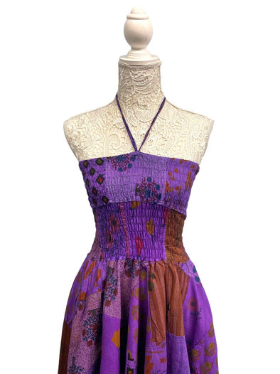 Short Dress PURPLE patchwork Boho Pixie hanky hem Festival Hippy gypsy UK  8-14