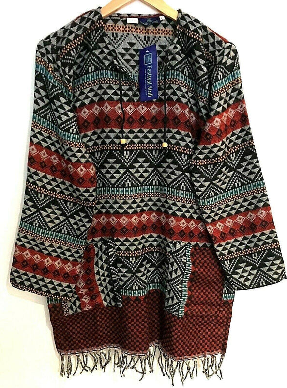 Sweater jumper pullover tunic boho hippie RED winter warm knit UK 8 10 12 14