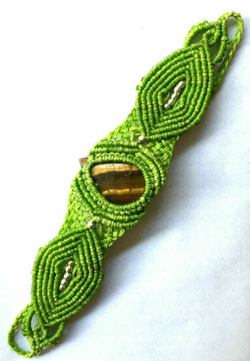 GREEN macrame TIGERS EYE knot gemstone crystal yoga hippy Cuff Bangle Bracelet