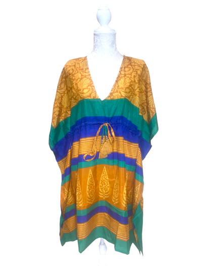 Tunic Kaftan Short Dress Top Cover up Boho hippy vintage Sari Silk ONE SIZE 8-18