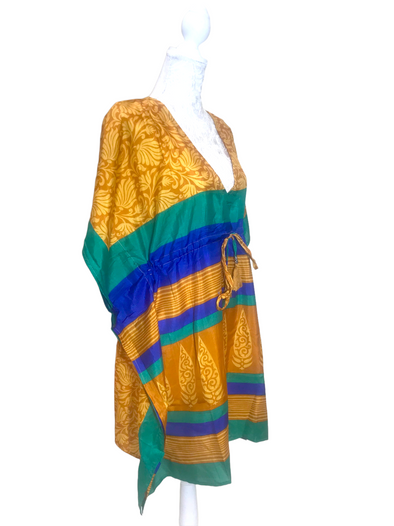 Tunic Kaftan Short Dress Top Cover up Boho hippy vintage Sari Silk ONE SIZE 8-18