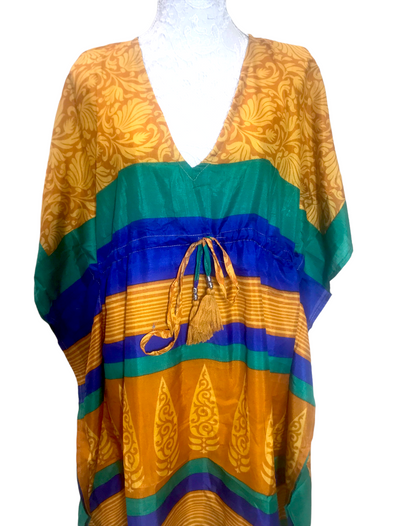 Tunic Kaftan Short Dress Top Cover up Boho hippy vintage Sari Silk ONE SIZE 8-18