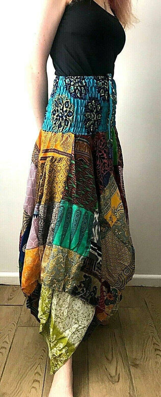 Festival boho hippie pixie gypsy patchwork long skirt summer sun dress one size