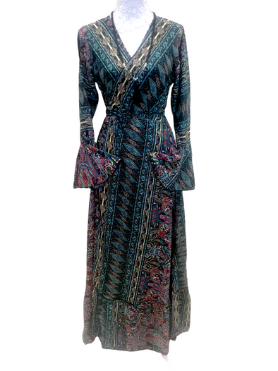 Boho hippy silk long maxi, summer beach festival, party wrap dress uk 8 10 12 14