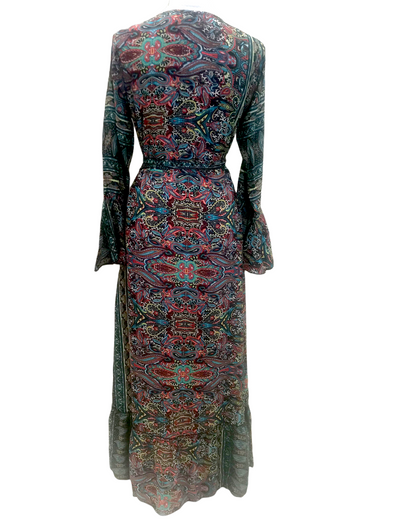 Boho hippy silk long maxi, summer beach festival, party wrap dress uk 8 10 12 14