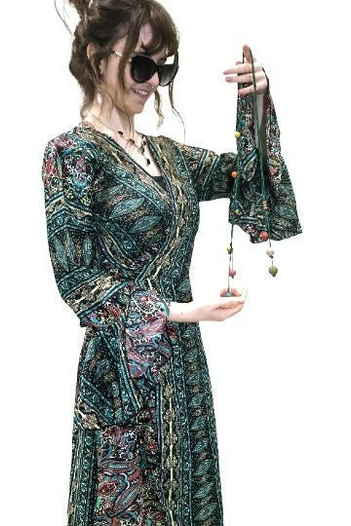 Boho hippy silk long maxi, summer beach festival, party wrap dress uk 8 10 12 14