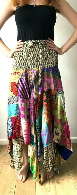 Patchwork Skirt Dress boho hippie Festival pixie long skirt Stretch sun one size