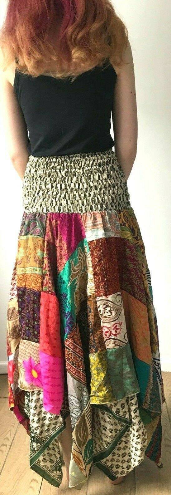 Patchwork Skirt Dress boho hippie Festival pixie long skirt Stretch sun one size